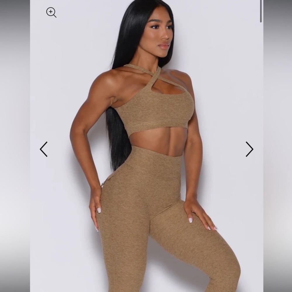 Bombshell sports wear two way bra set with pop leggings in color caramel